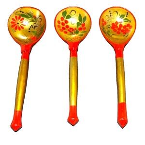 Russian Khokhloma Wood Spoons Lot of 3 Hand Painted Soviet USSR Vintage